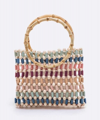 Wooden Beads Bamboo Handle Iconic Bag 6362 MULTI